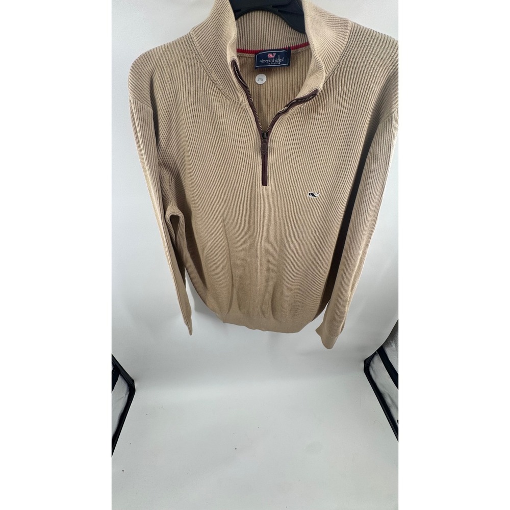 Vineyard Vines Mens Large Tan Beige Ribbed Knit Cotton Quarter Zip Sweater Whale